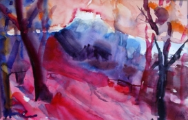 Festung im Abendrot, Aquarell